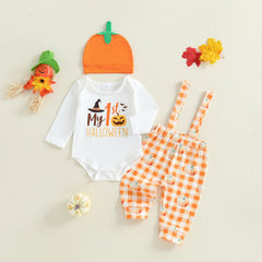 Newborn Baby Boy Pumpkin Romper, Pants & Beanie Halloween Outfit