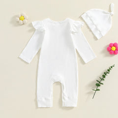 Baby Girls 0–18M Autumn Letter Romper with Hat – Long Sleeve Crew Neck
