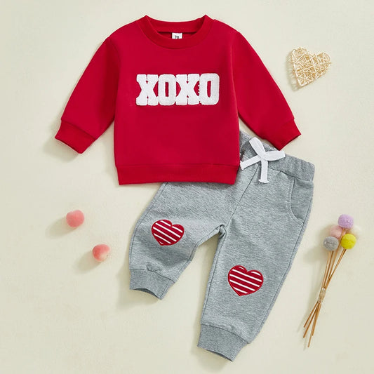 Toddler Boy Valentine’s Set Embroidered Sweatshirt with Heart-Print Pants