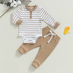 Autumn Baby Boy Long Sleeve Striped Print Romper + Pants Set
