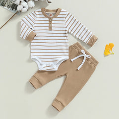 Autumn Baby Boy Long Sleeve Striped Print Romper + Pants Set