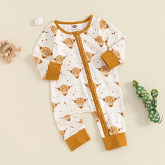 Baby Boy Cow & Horse Print, Long Sleeve, Zip-Up Fall Romper