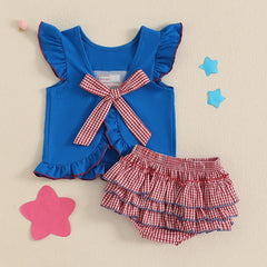 Baby Girls Independence Day Flag Embroidery Shorts Sets