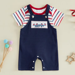 Baby Boys 4th of July Outfit Striped Romper with Flag Embroidery Overalls