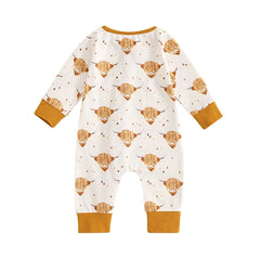 Baby Boy Cow & Horse Print, Long Sleeve, Zip-Up Fall Romper