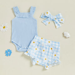 Baby Girl Ribbed Bodysuit, Plaid Ruffle Shorts & Headband Outfit Set