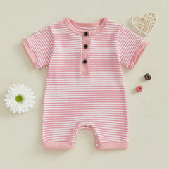 Unisex Newborn Short Sleeve Crewneck Button Front Stripes Print Romper Playsuit