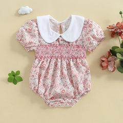 Newborn Baby Girl Short Sleeve Doll Collar Floral Print Onesie