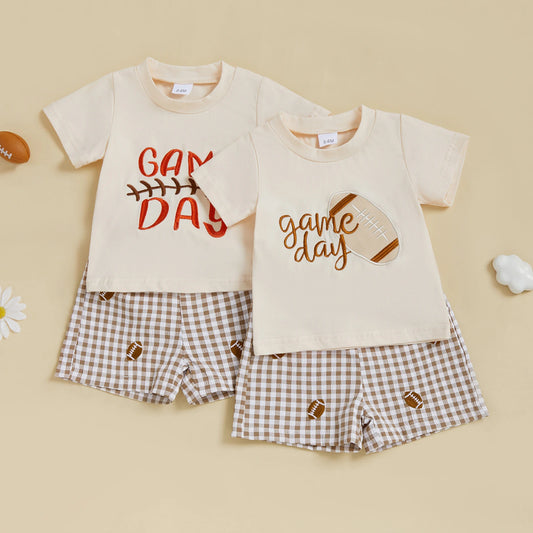 Toddler Baby Boy Letter Print Tee & Plaid Shorts 2-Piece Football Outfit