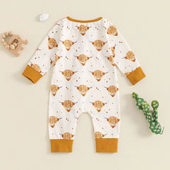 Baby Boy Cow & Horse Print, Long Sleeve, Zip-Up Fall Romper