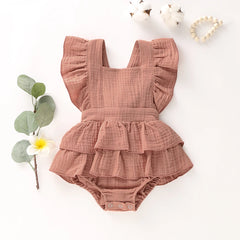 Newborn Baby Girl Ruffle Hem Cotton Solid Color Sleeveless Overalls