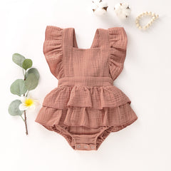 Newborn Baby Girl Ruffle Hem Cotton Solid Color Sleeveless Overalls