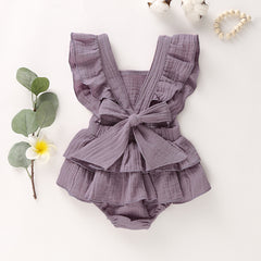 Newborn Baby Girl Ruffle Hem Cotton Solid Color Sleeveless Overalls
