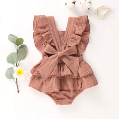 Newborn Baby Girl Ruffle Hem Cotton Solid Color Sleeveless Overalls