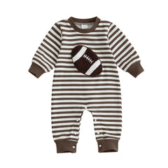 Baby Boys Long Sleeve Fall Embroidered Football Stripe Romper