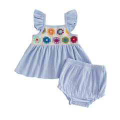 Baby Girl Summer Crochet Flower Tops + Shorts Set