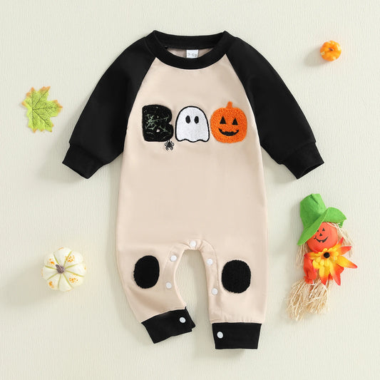 Baby Boy Pumpkin & Ghost Crew Neck  Halloween Romper