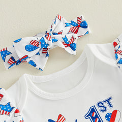 Baby Girl Fourth of July Short Sleeve Romper + Flare Pants + Headband Outfit