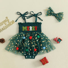 Newborn Baby Girl Christmas Smocked Romper with Headband