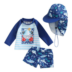 Baby Boy Cartoon Striped Shark Print Swimsuit
