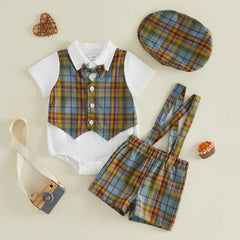 Baby Boys Plaid Overall Shorts and Hat Outfit