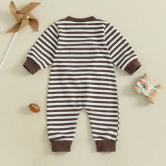 Baby Boys Long Sleeve Fall Embroidered Football Stripe Romper