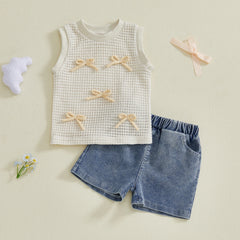 Baby Girl Sleeveless Bow Front Tank + Denim Shorts Outfit