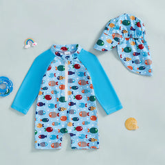 Baby Boy UV Swim Set – Fish Print Rash Guard with Half Zipper & Sunhat