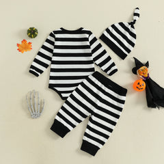 Baby Boys  Letter Print Romper, Striped Pants & Cap Halloween Outfit