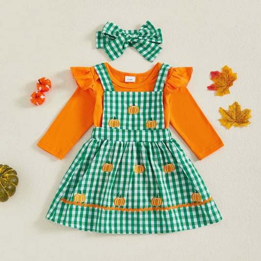 Baby Girl Ruffle Romper, Plaid Pumpkin Dress & Headband Fall Outfit
