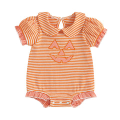 Baby Girl Short Sleeve, Doll Collar & Striped Print Halloween Romper