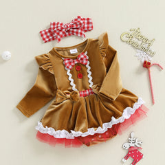 Baby Girl Christmas Gingerbread Romper Dress & Bow Set