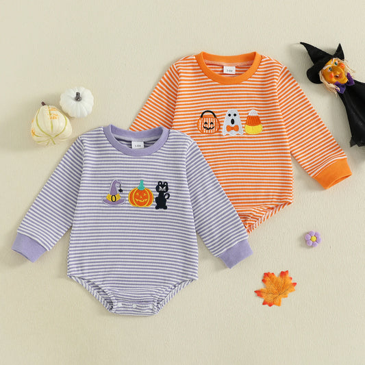 Newborn Pumpkin & Ghost Embroidery, Long Sleeve Fall Halloween Onesie