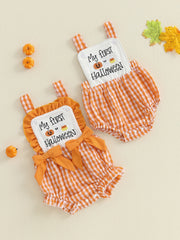 Baby Boy Halloween Pumpkin & Ghost Embroidery Plaid Romper