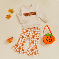 Baby Girls Halloween Letter Embroidered Long Sleeve Sweatshirt + Plaid Pumpkin Flare Pants Outfit