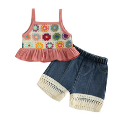 Baby Girls Flowers Camisole with Tasseled Denim Shorts Set