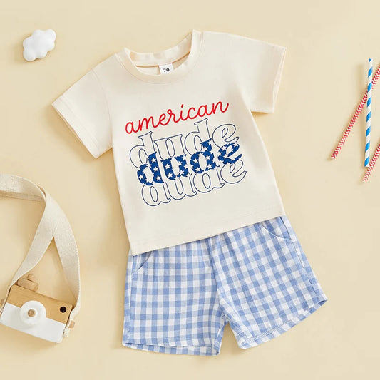 Baby Boys Patriotic 4th of July T-Shirt and Elastic Plaid Shorts Set