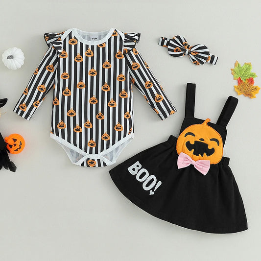 0–18M Baby Girl Halloween Pumpkin Print Romper & Suspender Skirt Set