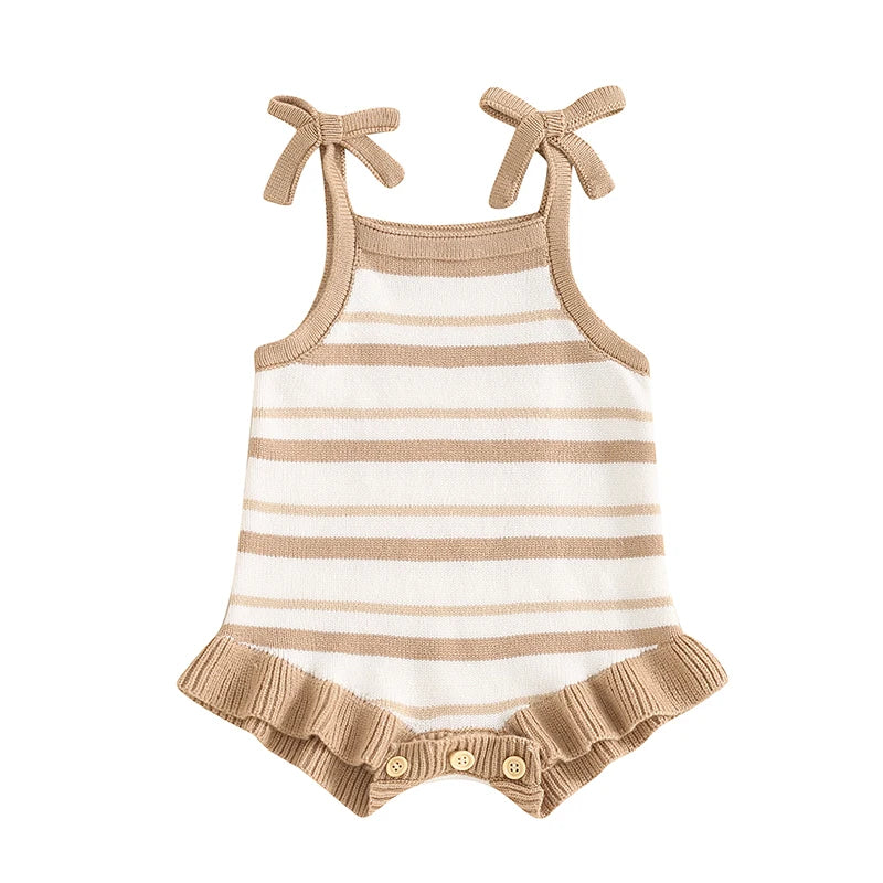 Baby Girl Sleeveless Bow Strap Ruffle Striped Ribbed Jumpsuits Playsuit Onesie