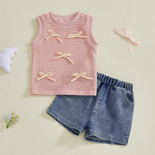 Baby Girl Sleeveless Bow Front Tank + Denim Shorts Outfit