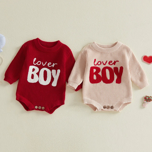 Baby boy Valentine’s Romper with Embroidered Letters and Long Sleeves