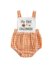 Baby Boy Halloween Pumpkin & Ghost Embroidery Plaid Romper