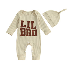 Newborn Baby Boy "Lil Bro" Ribbed Romper & Hat Set