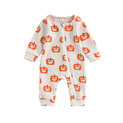 0–24M Baby Long Sleeve, Zipper, Fall/Halloween Pumpkin Romper