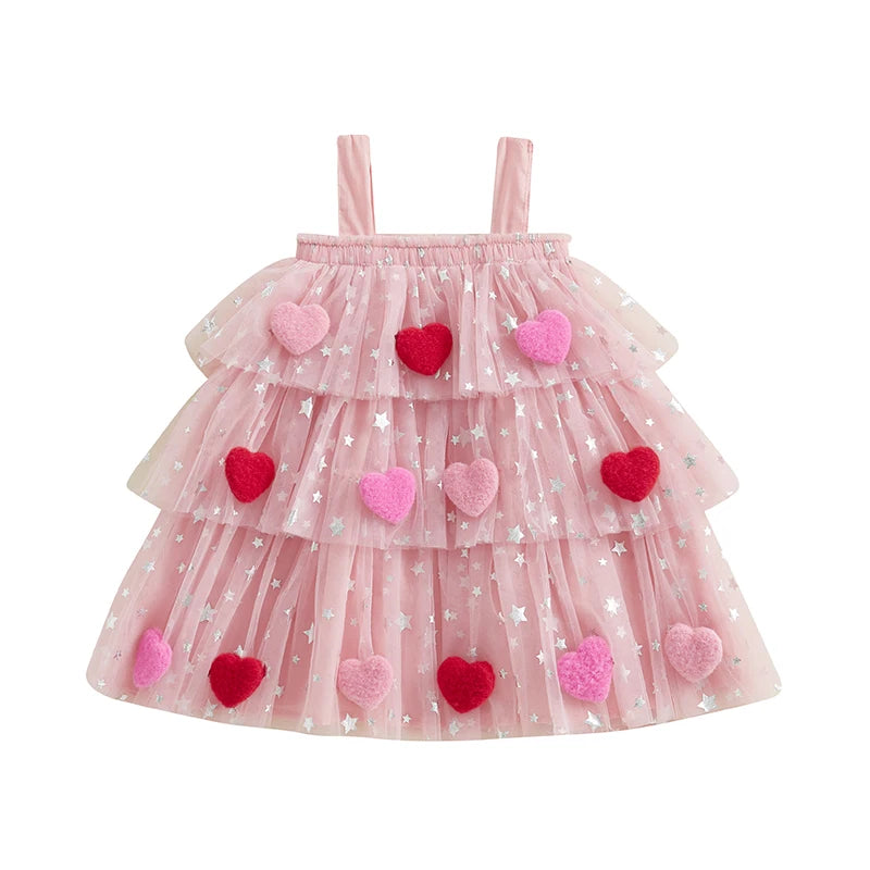 Toddler girl Valentine’s Sleeveless Dress with Star and Heart Prints