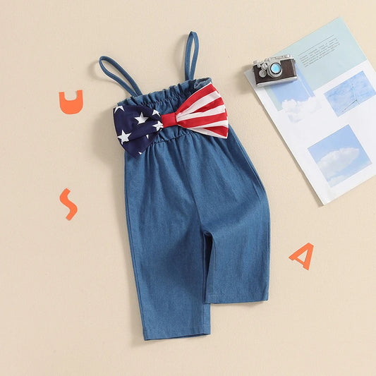 Toddler Girls 4th of July Strip Stars Bowknot Print Overalls