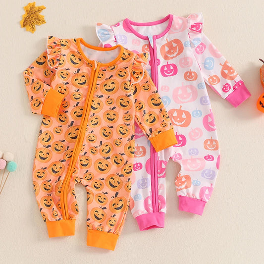 Baby Girl Pumpkin Print Long Sleeve, Full-Zip Halloween Romper