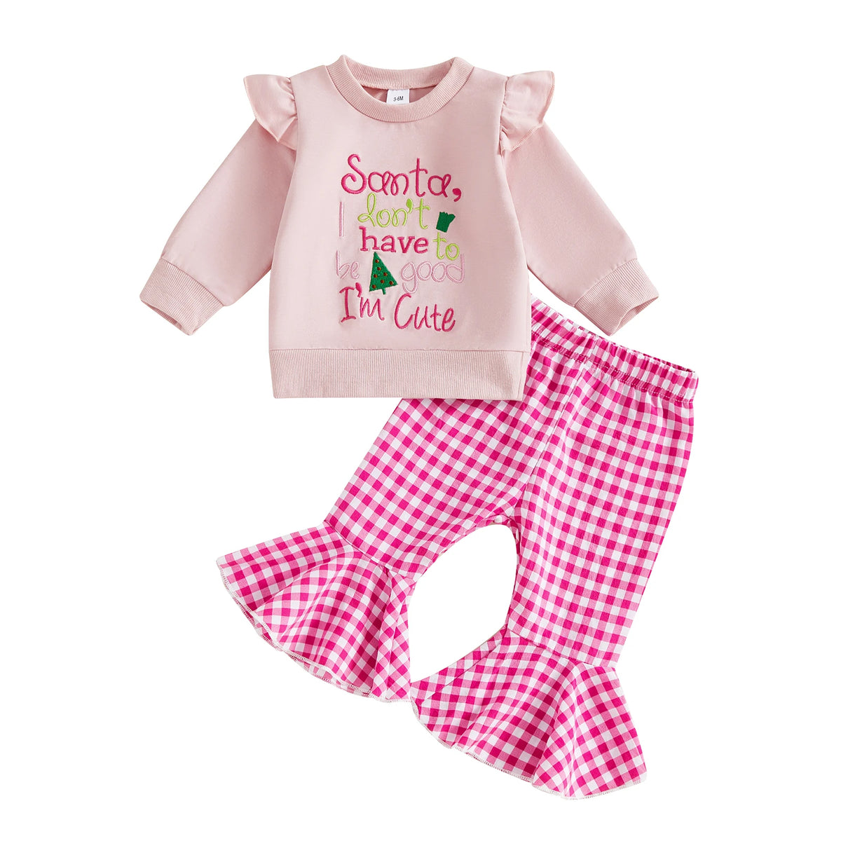 Toddler Baby Girl Embroidered Pullover & Plaid Bell Bottoms Christmas Set