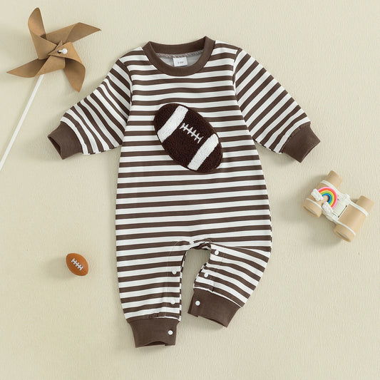 Baby Boys Long Sleeve Fall Embroidered Football Stripe Romper