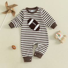 Baby Boys Long Sleeve Fall Embroidered Football Stripe Romper